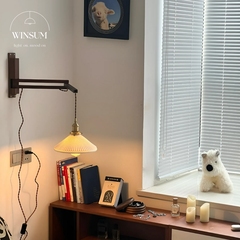 Đèn treo tường thân gỗ óc chó gấp gọn, chao gốm Vintage - DTB01
