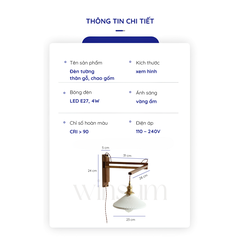 Đèn treo tường thân gỗ óc chó gấp gọn, chao gốm Vintage - DTB01