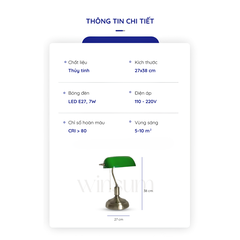 Đèn bàn Banker chao thủy tinh xanh  bóng đèn 3 chế độ sáng WINSUM - DBB04