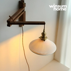 Đèn treo tường thân gỗ óc chó gấp gọn, chao gốm Vintage - DTB01