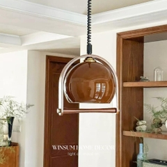 Đèn thả trần thủy tinh màu nâu tay gỗ cổ điển, đèn treo winsum dây lò xo -  DPB10