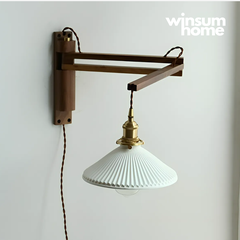Đèn treo tường thân gỗ óc chó gấp gọn, chao gốm Vintage - DTB01