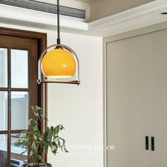 Đèn thả trần thủy tinh màu nâu tay gỗ cổ điển, đèn treo winsum dây lò xo -  DPB10