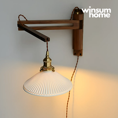 Đèn treo tường thân gỗ óc chó gấp gọn, chao gốm Vintage - DTB01