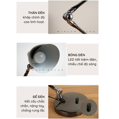 Đèn nordic để bàn làm việc, khung hợp kim điều chỉnh, bóng đèn 3 chế độ sáng bảo vệ mắt - DBB