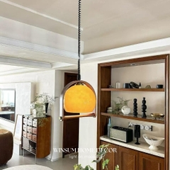 Đèn thả trần thủy tinh màu nâu tay gỗ cổ điển, đèn treo winsum dây lò xo -  DPB10