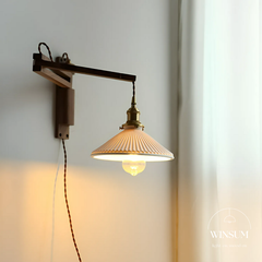 Đèn treo tường thân gỗ óc chó gấp gọn, chao gốm Vintage - DTB01