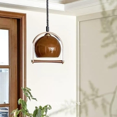 Đèn thả trần thủy tinh màu nâu tay gỗ cổ điển, đèn treo winsum dây lò xo -  DPB10