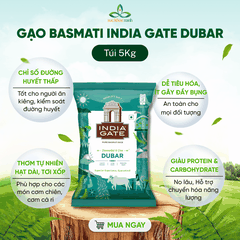 Gạo Basmati India Gate Dubar 5kg – Gạo Thơm Cao Cấp – Hạt Dài, Giảm Cân, Tốt Cho Tim Mạch