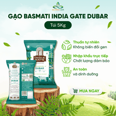 Gạo Basmati India Gate Dubar 5kg – Gạo Thơm Cao Cấp – Hạt Dài, Giảm Cân, Tốt Cho Tim Mạch