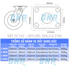 Bánh Xe Đẩy 8'' Phi 200mm Gang Đúc Nguyên Khối Chịu Nhiệt Độ Cao 800 Độ