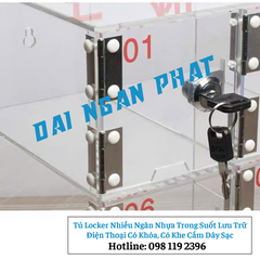 Tủ Locker Nhiều Ngăn Nhựa Trong Suốt Lưu Trữ Điện Thoại Có Khóa, Có Khe Cắm Dây Sạc
