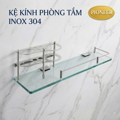 Kệ kính nhà tắm Pioneer Inox 304 để ly, bàn chải, kem đánh răng tặng kèm ly thái lan, Mã PE:42, TP:42