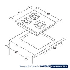 Bếp gas 3 vùng nấu Rosières RVG63B4MBB/1 - Nhập khẩu chính hãng