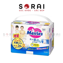 Bỉm Merries Nhật bản cộng miếng size XXL 26+2 miếng cho bé 15-28kg