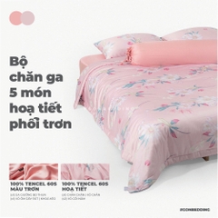 Bộ Chăn Ga Gối Lụa Tencl Hoạ Tiết Hoa Súng Nền Hồng