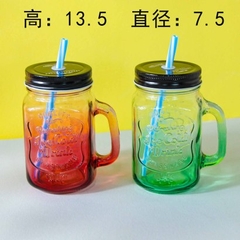 [ Đồng giá 19k] Cốc thủy tinh có tay cầm màu rơm (có nắp)