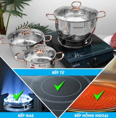 Bộ 3 nồi inox 3 đáy nắp kính Sunhouse SHG306