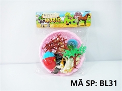 BL31  TÚI RỔ THÚ NHÀ +2 TRỨNG+ CÂY+ HÀNG RÀO (BÒ, GÀ , VỊT, CHIM) Animal world PVC 77, 88