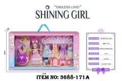 3688-171A  HỘP BABY 1C KHỚP, MẮT THỦY TINH + 4 ÁO + GIỎ XÁCH THỎ