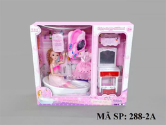 288-2A  HỘP BABY 1C BỒN TẮM PIN VÒI SEN XỊT NƯỚC + 1 ÁO+ BÀN TRANG ĐIỂM+ GHẾ+ GƯƠNG+ LƯỢC , MẮT THỦY TINH (KHỚP)