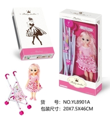 YL8901A  HỘP XE ĐẨY NÔI SẮT + 1C BÉ GÁI, MẮT THỦY TINH