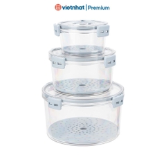 Hộp thực phẩm tròn bộ 3 trong suốt có nắp kín Hokori H6558 Nhựa Việt Nhật Premium