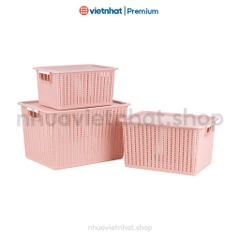 Rổ đan mây đựng đồ có nắp đậy đa năng 3 size, đựng quần áo R3415N Nhựa Việt Nhật Shop
