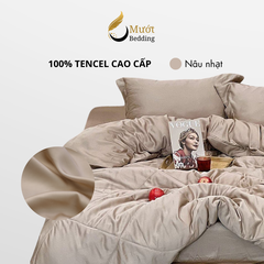 Bộ chăn ga gối lụa 100% Tencel 60s trơn màu - Mướt Bedding, bộ 5 món kèm chăn chần cao cấp
