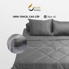Bộ chăn ga gối lụa 100% Tencel 60s trơn màu - Mướt Bedding, bộ 5 món kèm chăn chần cao cấp