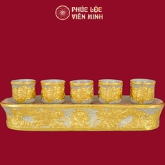 Kỷ Thẳng Rồng Chầu Nguyệt 5 Chén Men Rạn Đắp Nổi Dát Vàng Gốm Sứ Bát Tràng - Phúc Lộc Viên Minh