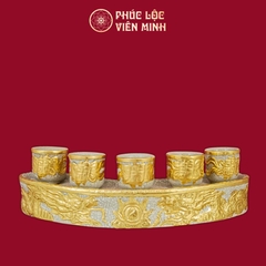 Kỷ Cong Rồng Chầu Nguyệt 5 Chén Men Rạn Dát Vàng Gốm Sứ Bát Tràng - Phúc Lộc Viên Minh