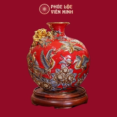 Bình Hút Lộc Tùng Hạc Diên Niên Men Đỏ Vẽ Vàng Gốm Sứ Bát Tràng - Phúc Lộc Viên Minh