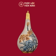 Nậm Rượu Sen Men Rạn Đắp Nổi Bọc Đồng Thếp Vàng Gốm Sứ Bát Tràng - Phúc Lộc Viên Minh