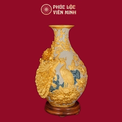 Tỳ Bà Phú Quý Trường Xuân Cao 60cm Đắp Nổi Men Rạn Rát Vàng Cao Cấp Gốm Sứ Bát Tràng - Phúc Lộc Viên Minh