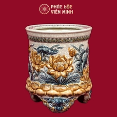 Bát Hương 3 Chân Song Long Chầu Nguyệt Men Rạn Gốm Sứ Bát Tràng - Phúc Lộc Viên Minh