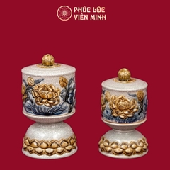 Bộ Đài Thờ Sen Men Rạn Đắp Nổi Gốm Sứ Bát Tràng - Phúc Lộc Viên Minh