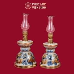 Đèn Thờ Chân Nến Long Chầu Nguyệt Men Rạn Bọc Đồng Thếp Vàng Gốm Sứ Bát Tràng - Phúc Lộc Viên Minh