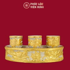 Kỷ Cong Rồng Chầu Nguyệt 3 Chén Men Rạn Dát Vàng Gốm Sứ Bát Tràng - Phúc Lộc Viên Minh