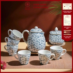 Bộ Ấm Chén Họa Tiết Cúc Họa Mi Xanh Gốm Sứ Bát Tràng - Phúc Lộc Viên Minh - PL022