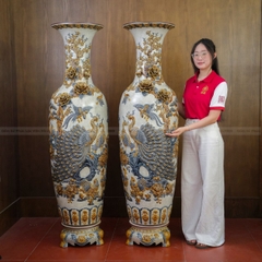 Đôi Lộc Bình Men Rạn Công Đào Đắp Nổi Kênh Bong Gốm Sứ Bát Tràng - Phúc Lộc Viên Minh - PL1514