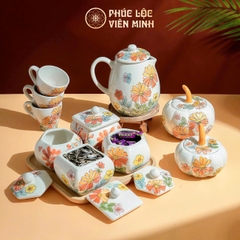 Bộ Hũ Mứt Họa Tiết Hoa Cúc Vàng Cam Gốm Sứ Bát Tràng - Phúc Lộc Viên Minh - PL011