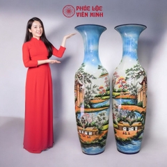 Đôi Lộc Bình Men Màu Cảnh Làng Quê Gốm Sứ Bát Tràng - Phúc Lộc Viên Minh - PL037