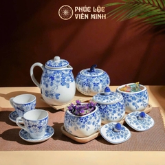 Bộ Hũ Mứt Họa Tiết Cúc Xanh Gốm Sứ Bát Tràng - Phúc Lộc Viên Minh - PL012
