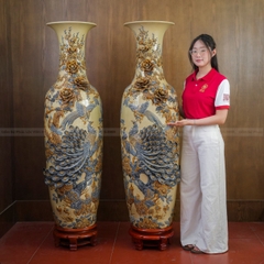 Đôi Lộc Bình Công Đào Đắp Nổi Kênh Bong Men Hoàng Thổ Gốm Sứ Bát Tràng - Phúc Lộc Viên Minh - PL1515