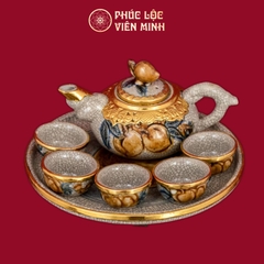 Bộ Trà Thờ Đào Đắp Nổi Men Rạn Bọc Đồng Thếp Vàng Gốm Sứ Bát Tràng - Phúc Lộc Viên Minh