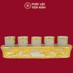 Kỷ Thẳng Rồng Chầu Nguyệt 5 Chén Men Rạn Đắp Nổi Dát Vàng Gốm Sứ Bát Tràng - Phúc Lộc Viên Minh