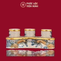 Kỷ Cong Rồng Chầu Nguyệt 3 Chén Men Rạn Bọc Đồng Gốm Sứ Bát Tràng - Phúc Lộc Viên Minh