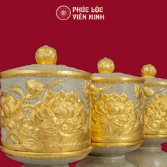 Bộ Đài Thờ Sen Men Rạn Đắp Nổi Dát Vàng Gốm Sứ Bát Tràng - Phúc Lộc Viên Minh