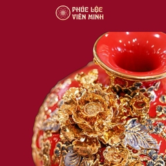Bình Hút Lộc Tùng Hạc Diên Niên Men Đỏ Vẽ Vàng Gốm Sứ Bát Tràng - Phúc Lộc Viên Minh
